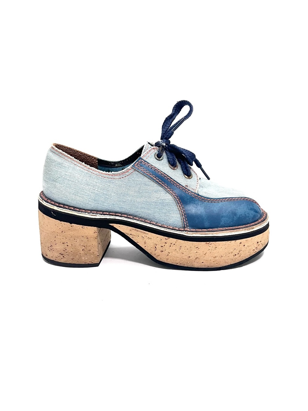 Vintage 1970s blue denim and vegan leather lace up platform heeled disco oxfords